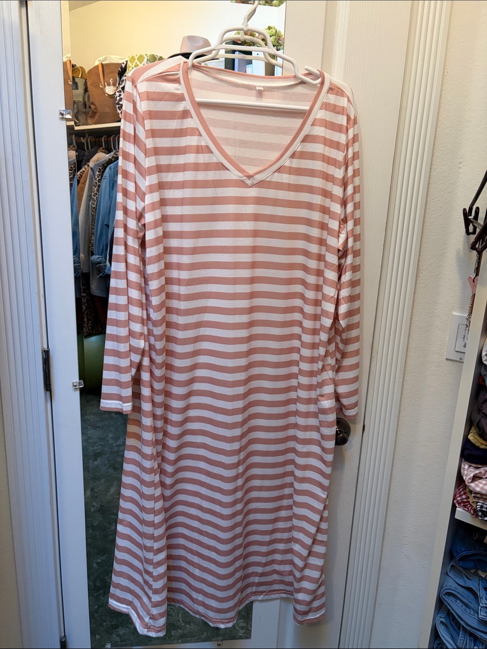 Striped V-Neck Long Sleeve Dress - Blush Pink & White